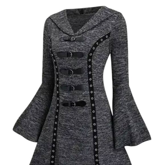 Boho Dresses & Skirts - Womens Bohemian Style Hooded Gray Bell Sleeve Sweater Dress #3